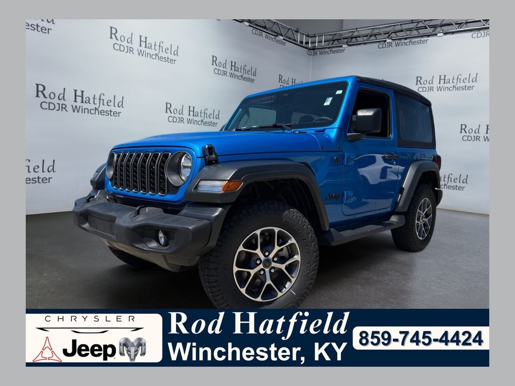 2025 Jeep Wrangler 2-Door Sport S 4x4 in Hydro Blue Pearlcoat — front three-quarter view