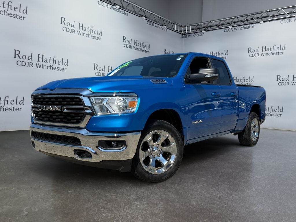 2022 RAM 1500 Big Horn Quad Cab 4x4 6'4' Box in Hydro Blue Pearlcoat — front three-quarter view