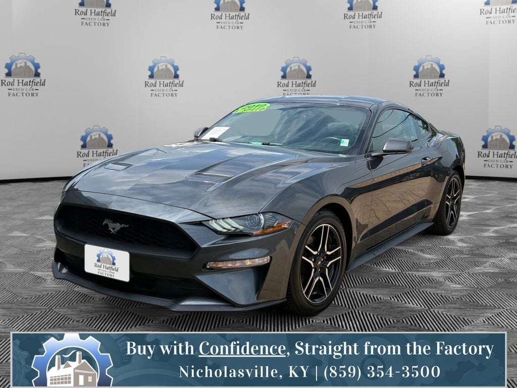 2019 Ford Mustang EcoBoost in Magnetic — front three-quarter view