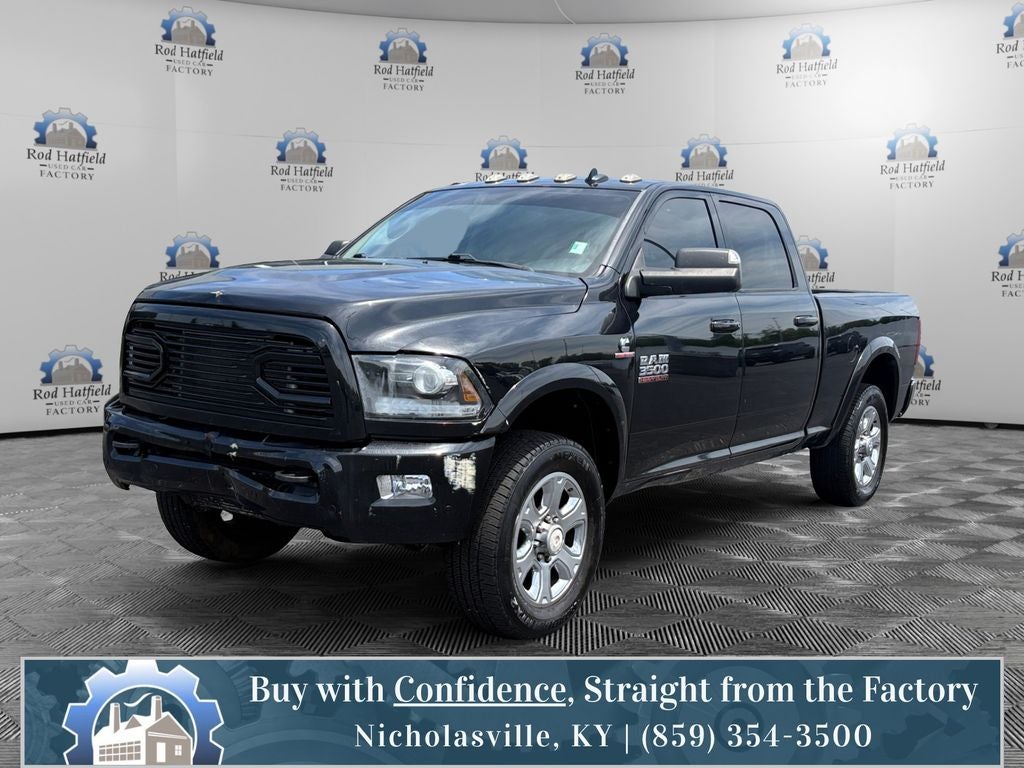 2018 RAM 3500 Laramie in Brilliant Black Crystal Pearlcoat — front three-quarter view